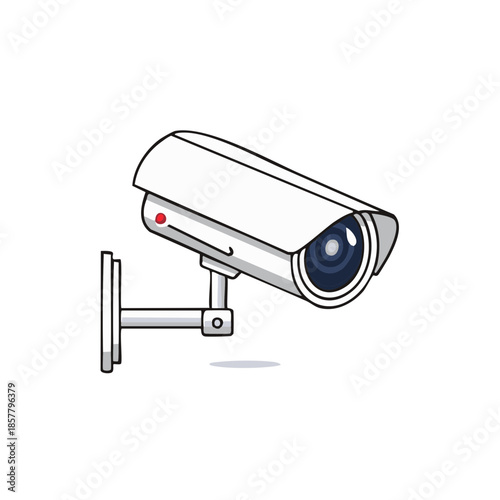Security camera illustration showing CCTV device on a mounting bracket and LED indicator