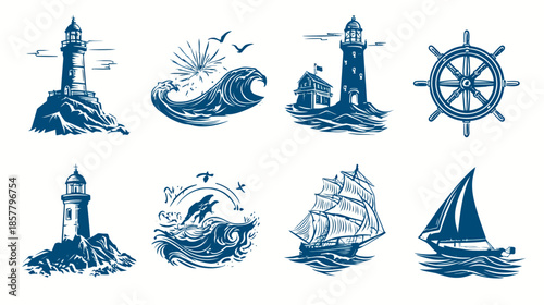 Hand-drawn Vintage Nautical Elements Set: Lighthouses, Ocean Waves, Sailing Ships, and Ship Wheel. Marine Adventure Theme.