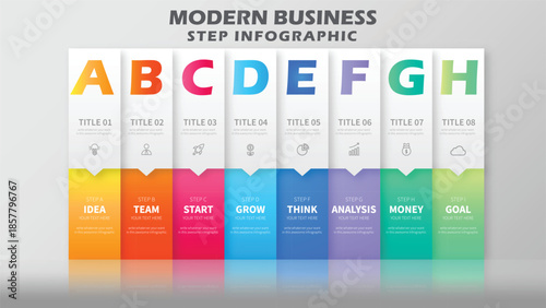 8 Step Modern Business Infographic. Vertical Column Layout with Letters A to I, Colorful Gradient Footers, and Line Icons. Professional Vector Template for Workflow and Strategy