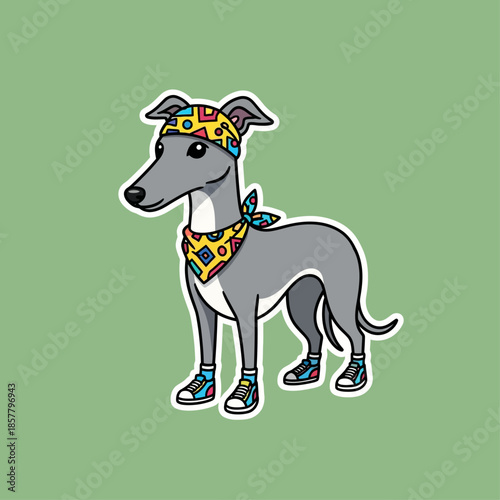 Greyhound Dog Wearing Bandana and Headband.