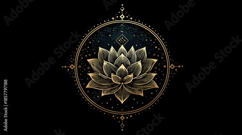 Elegant Golden Lotus Flower Design with Intricate Details in a Circular Frame on a Dark Background, Mystical Spiritual Art