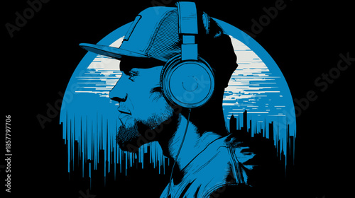 Dynamic blue illustration of a man in profile wearing headphones and baseball cap, with abstract digital soundwave design elements.