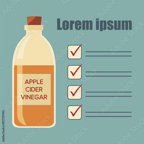 Apple cider vinegar bottle with checklist on blue background for health or household concept