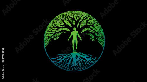 Abstract human figure integrated with a vibrant green tree and deep roots in a circular design, symbolizing nature, growth, life, health, and environmental connection.