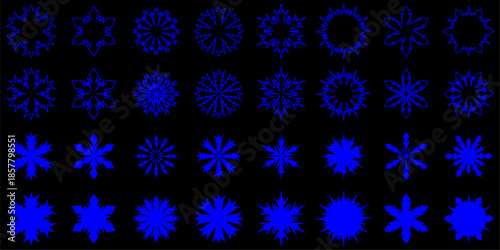 Various imaginative doodles of beautiful blue snowflakes isolated on a black background, vector