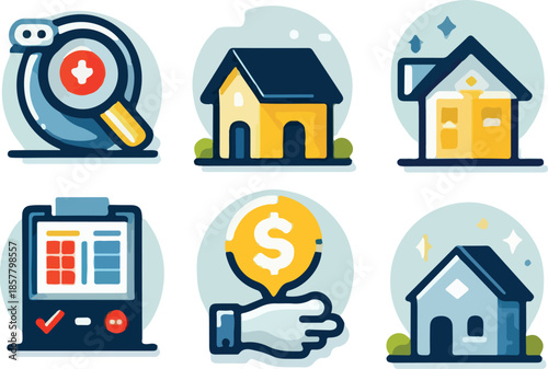 House for sale and home for rent icons representing property buying, online real estate listings, and lease agreement vector symbols.