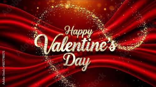 Golden sparkles form a heart of love—Valentine’s Day glows in red satin, glitter script, and romantic celebration.
