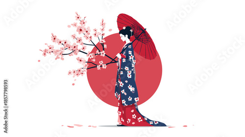 Elegant Japanese Woman in Kimono with Red Umbrella and Cherry Blossoms Illustration. Traditional Asian Culture and Spring Beauty.
