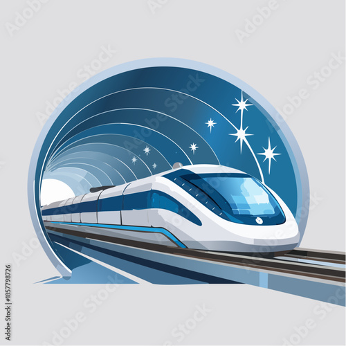 High speed train emerging from futuristic tunnel