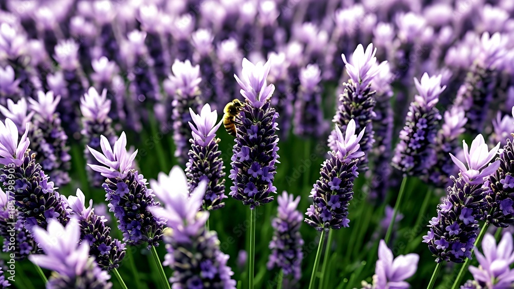 Obraz premium Detailed Macro of a Honeybee on Vibrant Purple Lavender Stems in a Sunny Summer Meadow