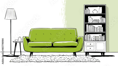 Modern living room interior illustration with a vibrant green sofa, bookshelf, and floor lamp on a fluffy rug, showcasing contemporary home decor.