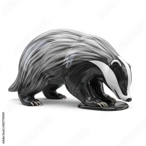A detailed 3D illustration of a badger on a white background. The animal has distinctive black, white, and gray striped fur and is depicted in a curious pose, sniffing the ground.