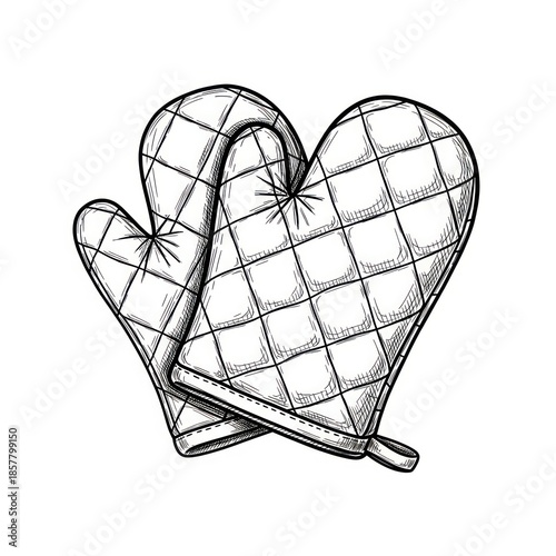 A hand-drawn sketch of two quilted oven mitts shaped like hearts, crossed over each other. The illustration is in a vintage style with detailed stitching and isolated on a white background.