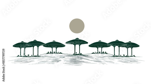 Minimalist stylized landscape illustration with abstract umbrella-shaped trees on rolling hills under a muted sun, serene nature scene