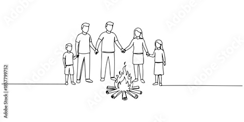Continuous one line drawing of family holding hands around a campfire, line art style vector illustration.