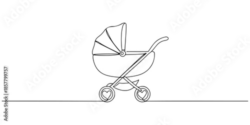 Continuous one line drawing of a baby stroller, line art style vector illustration.