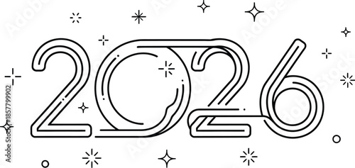 Stylized black and white line art graphic design celebrating the arrival of the new year 2026 with minimalist festive elements