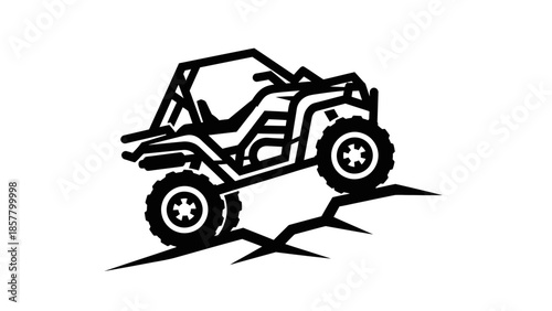 Off Road Vehicle Climbing Hill Black and White Illustration.