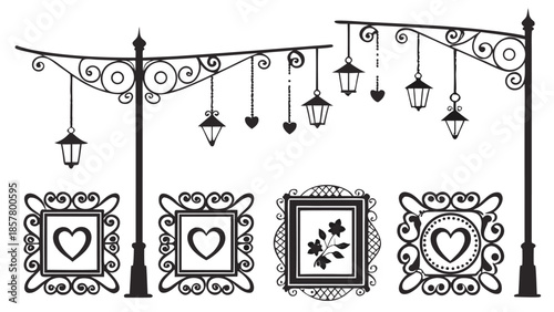 Vector illustration black and white illustration of street lamps and decorative frames