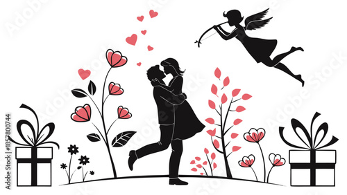 Vector illustration couple embracing under cupids arrow with flowers and gifts around them