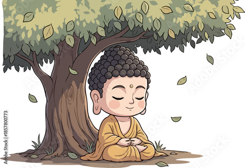 Cute Cartoon Buddha Meditating Peacefully Under a Tree.