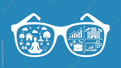 Glasses with wellness and business icons representing work-life balance.