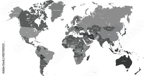Detailed world map with labeling. Grayscale vector illustration
