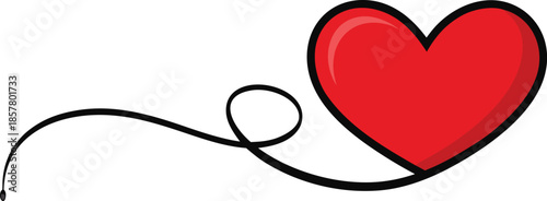 red heart with long black cord isolated on white background