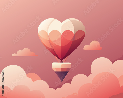 Heart-shaped hot air balloon floating in clouds