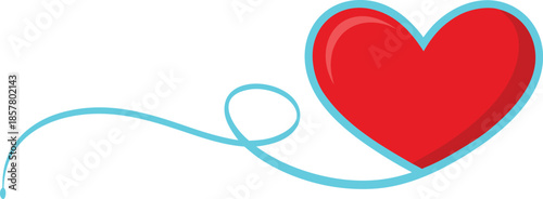 red heart with cyan outline and flowing line isolated on white