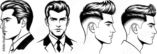 Men’s hairstyle illustration set, classic and modern haircuts, slicked-back and fade styles, fashion grooming reference, male portrait vector art