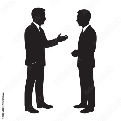 Two businessmen in silhouette engaged in a discussion, one gesturing to explain.