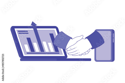 Business handshake between laptop and smartphone screens