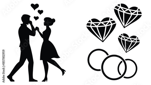 A romantic couple dancing closely surrounded by sparkling diamonds and wedding rings a lovely silhouette high quality