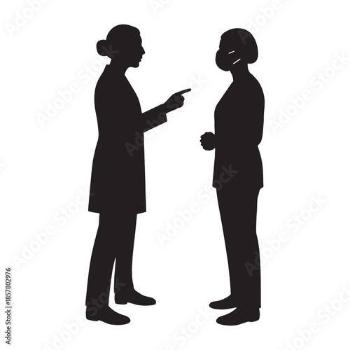 Two figures in silhouette engaged in a conversation, one gesturing with their finger.
