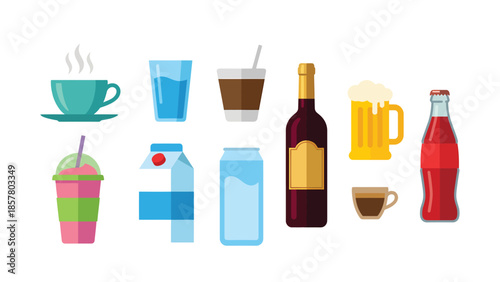 Diverse Collection of Refreshing Drinks and Beverages in Flat Design Style Perfect for Commercial Use
