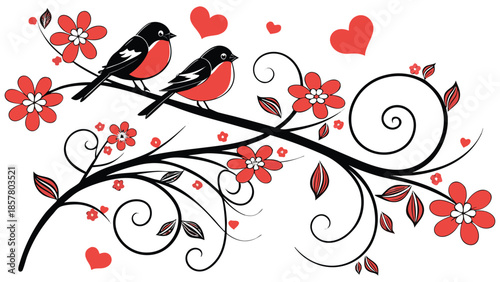 A charming illustration depicts two birds perched on a branch adorned with red flowers and hearts silhouette