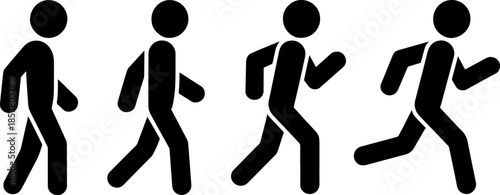 Four black stick figures running in a row