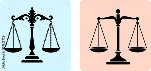 Scales of justice icons in blue and pink backgrounds