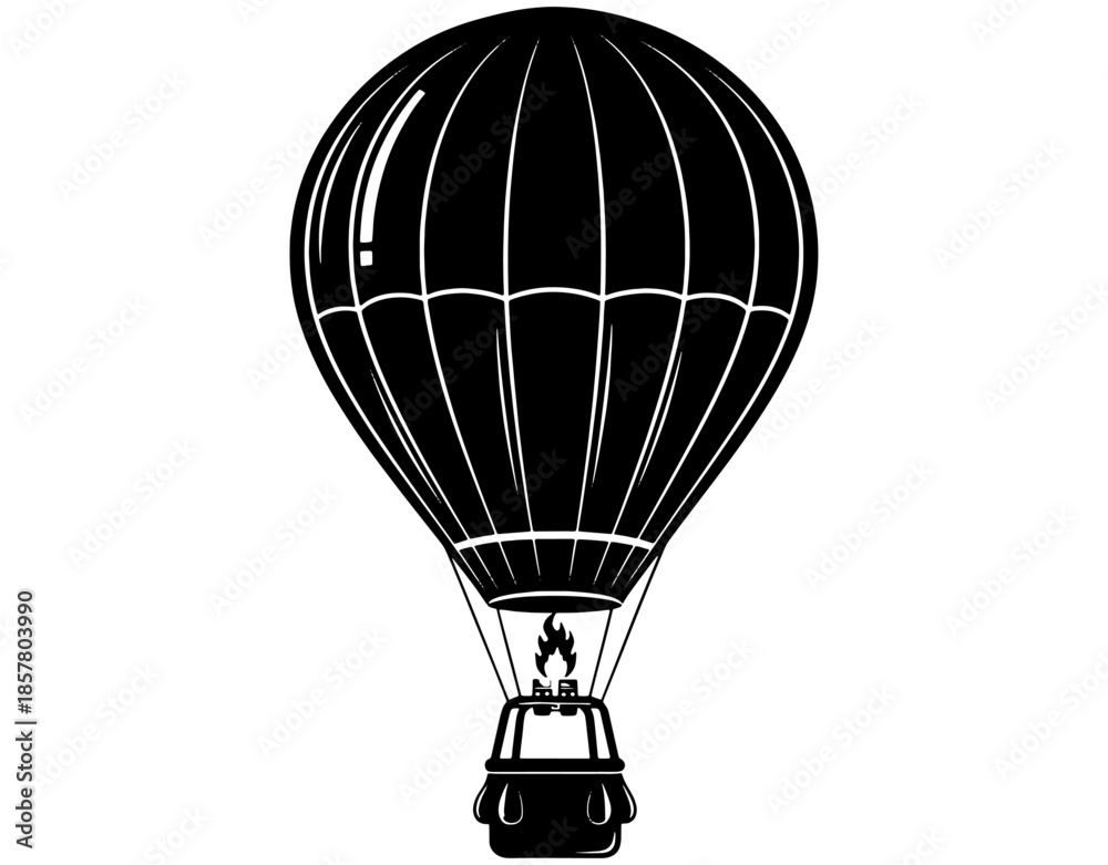 Obraz premium Black Hot Air Balloon Silhouette with Decorative Details. Minimalist Aerostat Vector Icon for Travel, Adventure, Celebration, or Outdoor Festival Graphic Design Illustration.