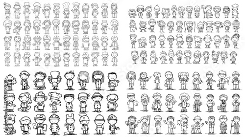 Collection of cartoon character outlines with expressive poses suitable for coloring books children education animation planning and character design practice