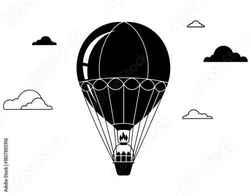 Black Hot Air Balloon Silhouette in the Clouds. Minimalist Aerostat Vector Illustration with Floating Cloud Elements for Travel, Adventure, and Dreamy Sky Concept Design.