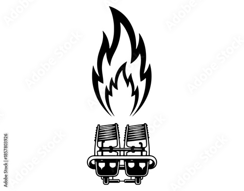 Hot Air Balloon Burner and Fire Flame Illustration. Minimalist Vector Icon of Propane Burner with High Flame for Aerostat Propulsion and Adventure Design. Black Line Art Style.