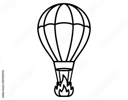 Hot Air Balloon Line Art Illustration. Minimalist Aerostat Vector Outline with Fire Detail for Travel, Adventure, Celebration, or Outdoor Festival Design Graphics.