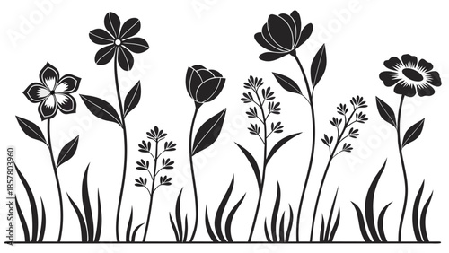 a collection of various floral designs including tulips wildflowers and daisies presented in a striking black silhouette