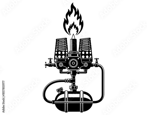 Hot Air Balloon Propane Burner and Tank System. Detailed Vector Illustration of Aerostat Heating Mechanism with Fire Flame for Technical Aviation and Adventure Design Graphics.