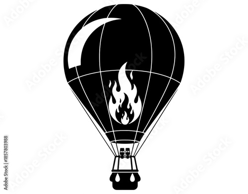 Black Hot Air Balloon Silhouette with Inner Fire Flame. Minimalist Aerostat Vector Illustration for Travel, Adventure, Celebration, and Outdoor Flight Festival Design Graphics.