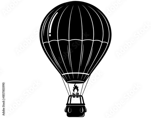 Black Hot Air Balloon Silhouette with Decorative Details. Minimalist Aerostat Vector Icon for Travel, Adventure, Celebration, or Outdoor Festival Graphic Design Illustration.