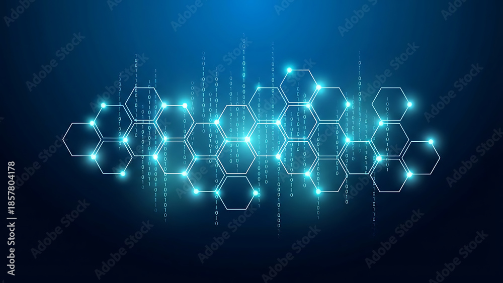 Fototapeta premium Abstract glowing blue hexagonal network background with digital data flow and futuristic technological connections