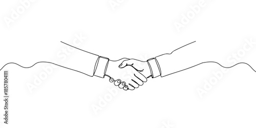 Continuous one line drawing of a person shaking hands with a consumer, symbolizing consumer trust, line art style vector illustration.